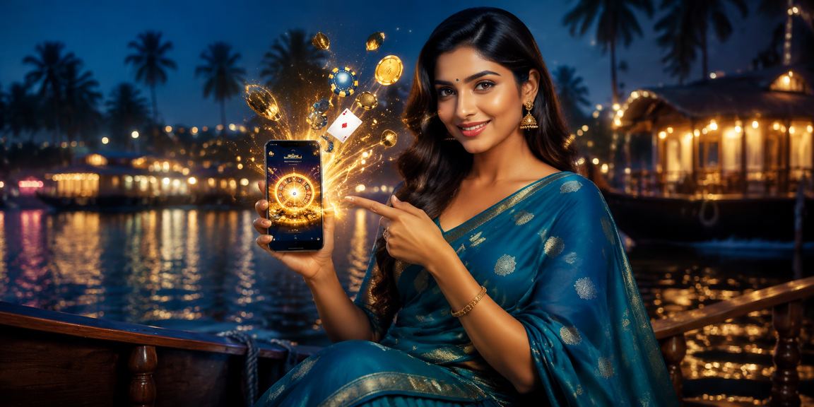 Indian player enjoying Rummy on mobile in Kerala backdrop