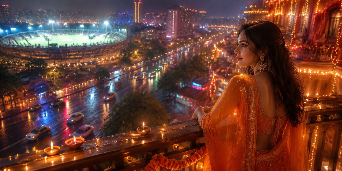 Mumbai cricket stadium illuminated during Diwali festival